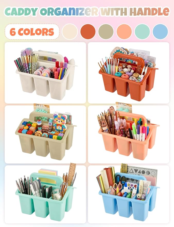 6 Pack Classroom Caddy Organizer with Handle, Table Caddy Classroom | 4 Compartments, 9×6.3×6.7 inches, Thick Durable PP Plastic, Built-in Handle, Stackable Design, for Classroom Desk Office Home