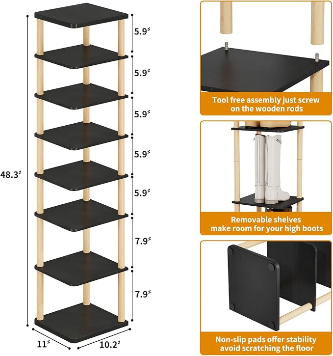 8 Tiers Vertical Shoe Rack, Tall Narrow Shoe Tower, Corner Shoe Rack, black | Small Shoe Organizer for Entryway, Closet, Dorm & Small Spaces, Freestanding Wooden Shoe Shelf for Boots, Sneakers, Heels.
