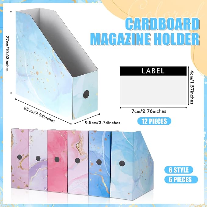 PerKoop 6 Pcs Decorative Magazine File Holders Floral Foldable File Folders Magazine Storage Boxes Rack Desk Organizer Documents with Printable Labels for School Office Home (Marble)
