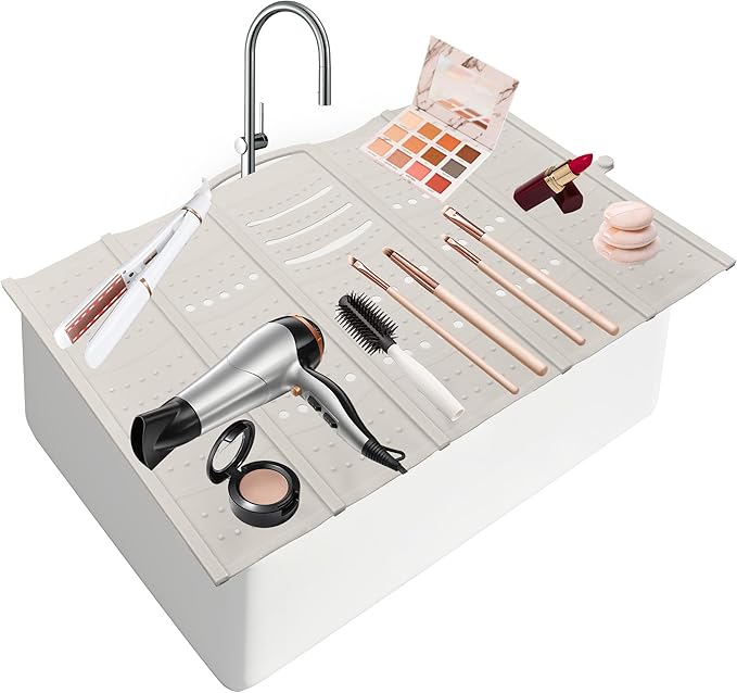 Mofason Large Bathroom Sink Makeup Mat Space Saver,Silicone Makeup Organizer Cover for Over Countertop,Small Bathroom Must Haves Accessories Rv Camper Travel Foldable Gadgets-Pearl
