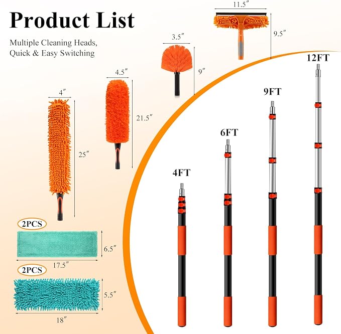 20ft High Ceiling Duster Kit with 4-12ft Heavy-Duty Extension Pole, Cobweb Duster, Ceiling Fan Duster, Window Squeegee & Cleaner, Microfiber Duster, Wall Mop for Home High Reach Cleaning