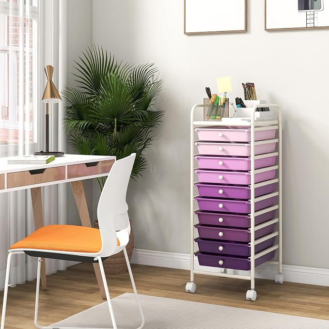 LDAILY 10 Drawer Rolling Storage Cart, Craft Organizer on Wheels, Drawer Cart with Metal Frame & Large Storage Capacity, Rolling Cart with Drawers for Living Room Classroom, Office