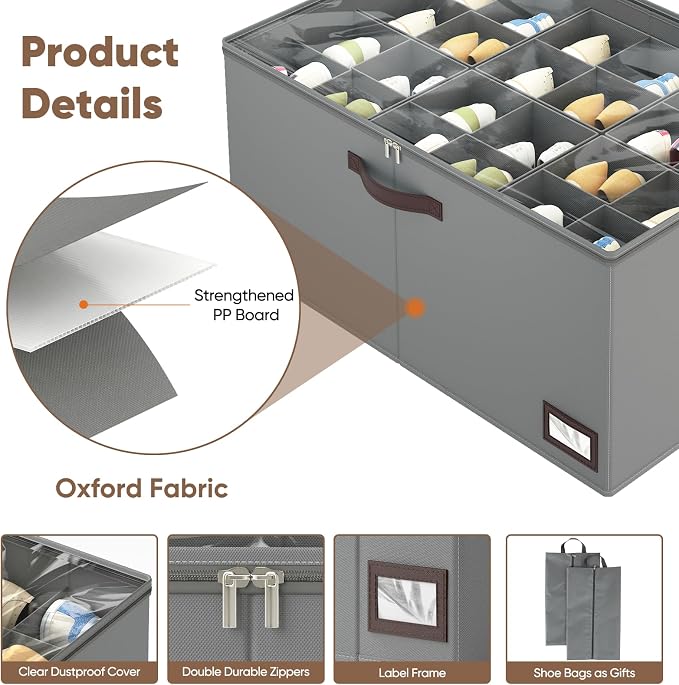 OIAHOMY 2 Pack Shoe Organizer for Closet, Large Foldable Shoe Storage Bins with Dividers and Reinforced Handles, Each Clear Cover Sneaker Box Fits Up to 24 Pairs for Entryway and Bedroom, Grey
