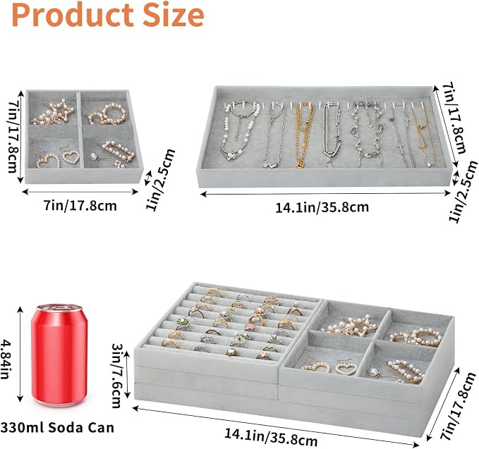 Fixwal Jewelry Organizers and Storage, 14in Stackable Jewelry Drawer Organizer, Set of 5 Jewelry Trays with Removable Dividers, Multi-Layer Tray for Earrings Necklaces Bracelets Watches, Grey