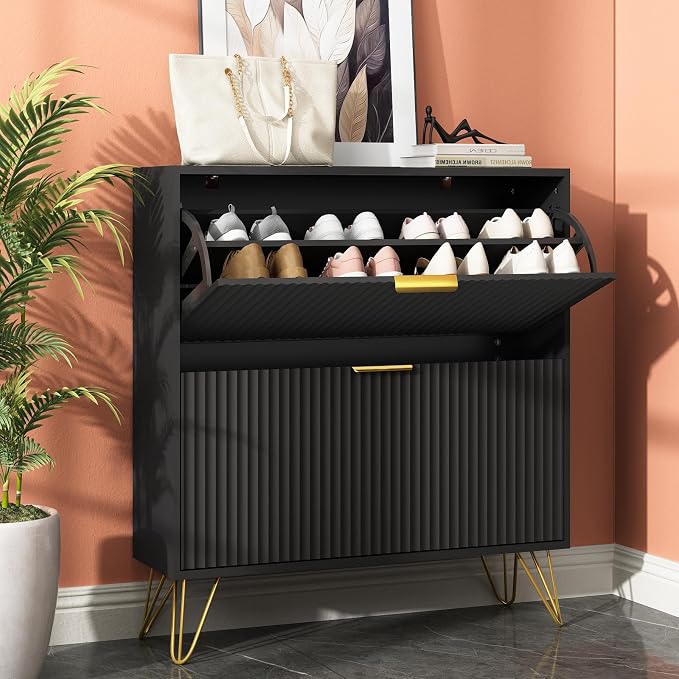 Shoe Storage Cabinet with 2 Flip Drawers, 31.5" W Fluted Shoe Cabinet for Entryway, Hidden Shoe Cabinet Storage, Narrow Free Standing Shoe Orgnaizer Rack Cabinet for Foyer Hallway, Black
