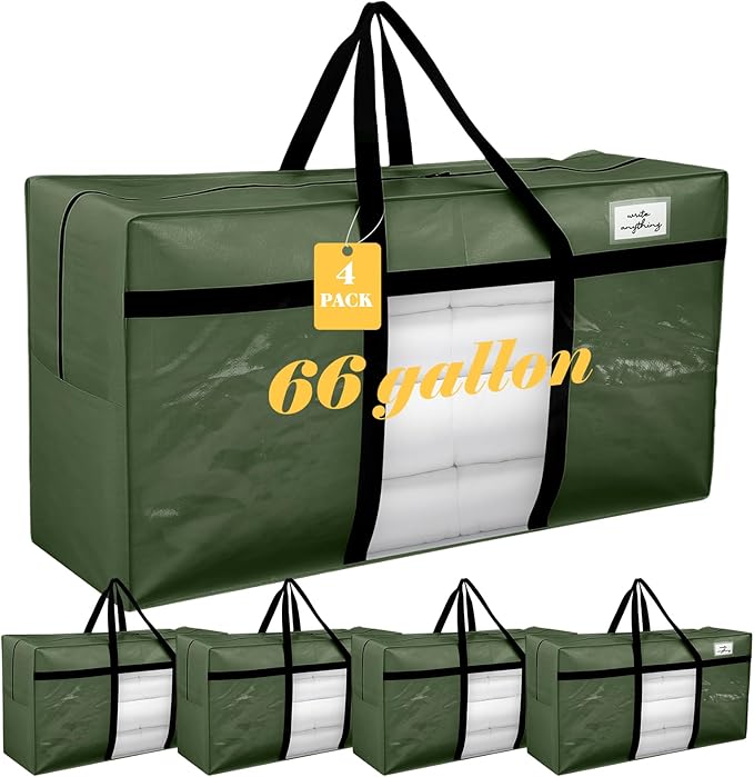 4 Pack 66 Gallon Extra Large Moving Bags with Visible Window XXL Heavy Duty Storage Bag Jumbo Big Tote for College Dorm Clothes Blankets Space Saving Alternative to Moving Boxes(Army Green)