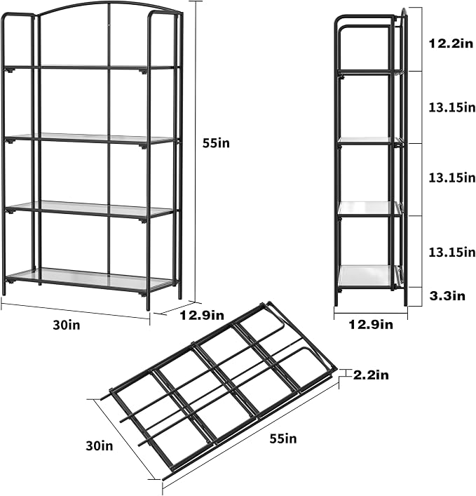 Crofy 4-Tier Wider Foldable Bookshelf, Black Frame & Transparent Shelves | No-Assembly Collapsible Portable Storage Organizer; Sturdy Transparent Shelves; Ideal for Living Room & Home Office