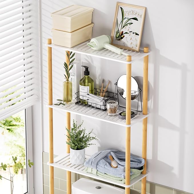 AmazerBath Over The Toilet Storage Bamboo, Bathroom Storage Organizer Shelf, 3-Tier Above Toilet Storage Rack, Space Saver, White and Natural Color