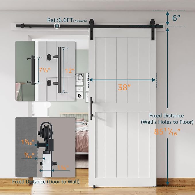 38''x84'' Sliding Barn Door with 6.6 Ft Barn Door Hardware Kit | Pre-Drilled Holes Easy Assembly - Include Installation Manual, Water-Proof PVC Surface, H-Frame, White