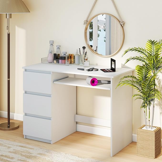 GOFLAME Computer Desk with 3 Drawers & Charging Station, 42” Home Office Desk with Storage & Keyboard Tray, Writing Desk PC Workstation Vanity Table (White)