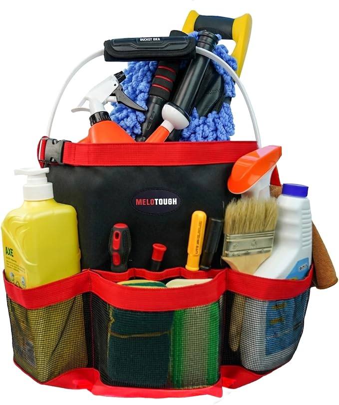 MELOTOUGH Bucket Tool Organizer Car Wash for Garden | Multiple Compartments, Fit 3.5-5 Gal Buckets, Durable Mesh Pockets, Water-Resistant, Easy To Carry, Car Washing
