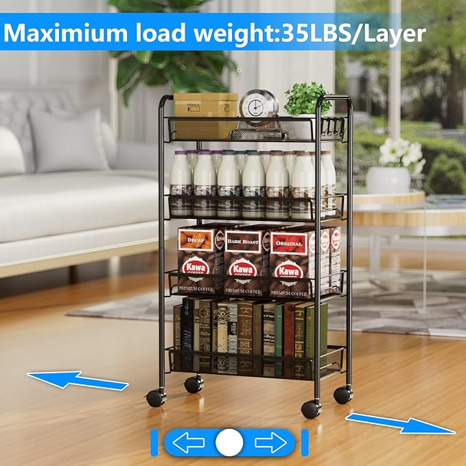 4-Tier Mesh Rolling Cart - 35 BLS/Tier Full Metal Cart with Wheel & 4 Hooks | Space-Saving 140bls Capacity Storage Organizer Crafts Utility Cart for Kitchen Pantry Office Bathroom Laundry Nursery, Black