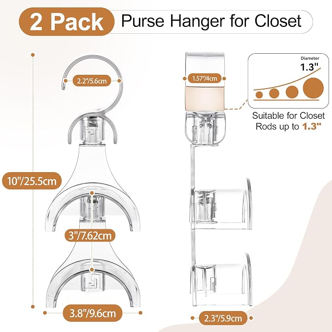 Clear Purse Hanger for Closet, 2 Pack Wardrobe Rod Vertical Hanging Handbag Organizer with 4 Holders, Keeps Bags Non-Crushed and Neatly Stored, Smooth Purse Storage Hooks, Easy Access