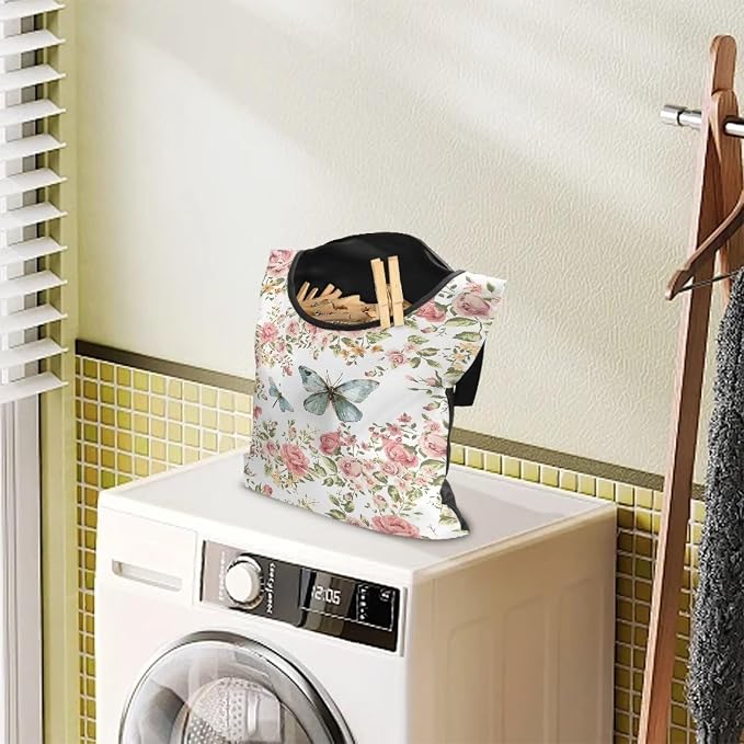 Butterfly Rose Space-Saving Laundry Clothespin Bag, Waterproof Polyester Material, 2 Rope for Hanging and Effortlessly Sliding on The Clothesline Clothespin Holder for Outdoor