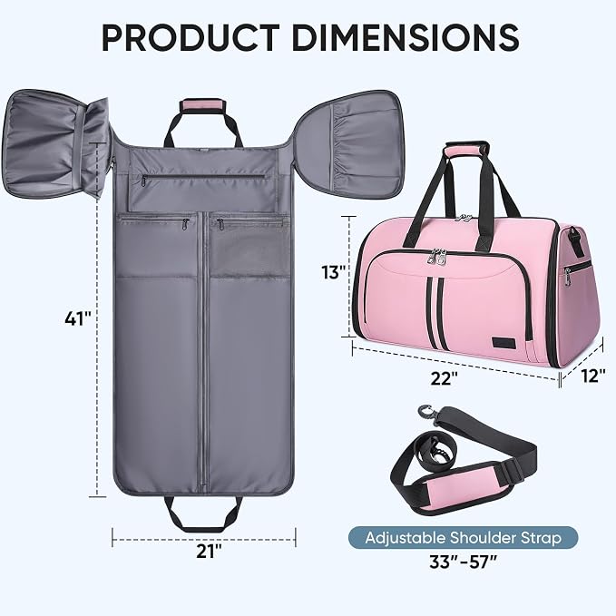 BALEINE Travel Garment Bag, Travel Suit Bag for Men, Water Resistant Carry on Garment Bag for Hanging Clothes, Garment Duffel Bag for Travel Business (Pink-Convertible)