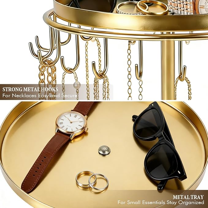 Necklace Holder Metal Jewelry Organizer Stand, Necklace Organizer Hanger with Tray & Hooks for Desk, Jewelry Holder for Necklaces Bracelets and Keychains, Elegant Home Hanging Decor - Gold