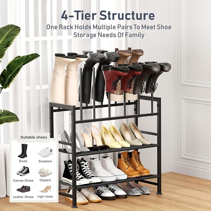 DIMJ Free Standing Shoe Racks - 4-Tier Boot Rack, Black Metal Boot Storage Organizer Tall Boots Organizer for Closet, Multiuse Shoe Rack for Boots, Sneakers,Fit for 6 Pairs Boots, Black