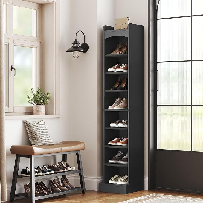 YATINEY 9-Tier Tall Shoe Rack, Wooden Shoe Storage Organizer, Narrow Shoe Cabinet with Removable Shelves for Small Spaces, Holds 9 Pairs of Shoes, for Entrance, Hallway, Black SS02BK