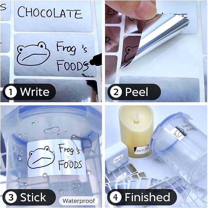 JIEHENG 170Pcs Brightsilver Removable Labels for Jars,for Storage Bins,for Food Containers with 2 Liquid Chalk Marker(Brightsilver)