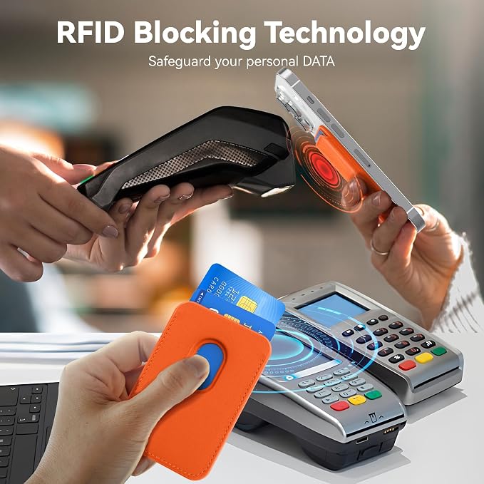 Stronger Magnetic RFID Leather Mag-Safe Card Holder for iPhone 15 Series, Mag-Safe Accessories Stick on Series of iPhone 17/16/15/14/13/12 and Pro/Promax, Orange