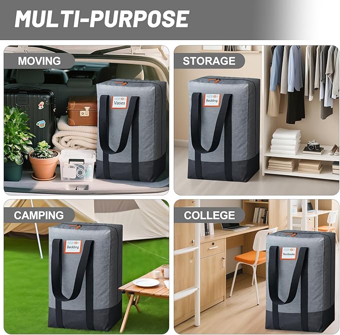 4 Pack Moving Bags Heavy Duty, Storage Bags for Clothes, Large Packing Tote with Wrap Around Handles, Internal Compression Straps, Alternative to Moving Boxes, Grey and Black