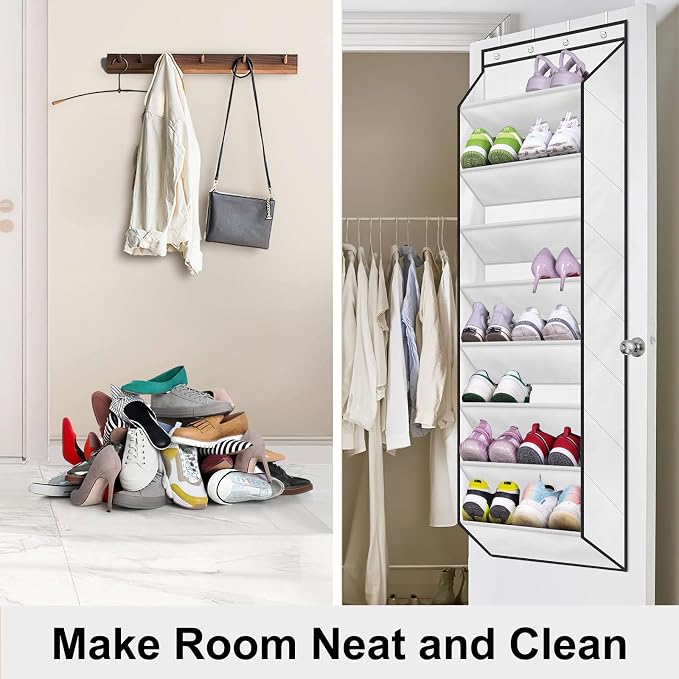 SLEEPING LAMB Over The Door Shoe Organizer for Closet with Large Deep Pockets, Narrow Shoe Rack for Door Hanging Boots Storage, White
