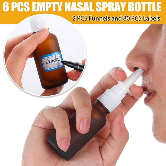 10 Pcs Nasal Spray Bottle Empty, 6 Pcs 30ML/1oz Matte Brown Glass Nose Spray Bottle Empty, 30ML/1oz Nasal Sprayers Atomizers with 2 Funnels and 2 Labels