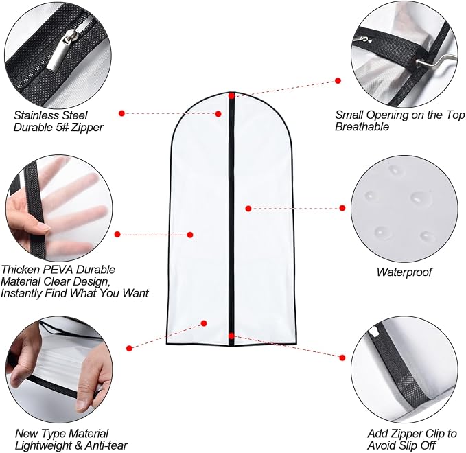 Garment Bags for Hanging Clothes 24'' x 40'' (Set of 6) suit bags for closet storage Covers for Closet with Study Full Zipper for Jacket Storage Clothes and Travel