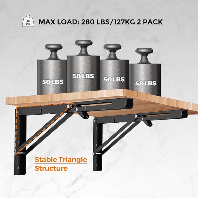 Ravinte Matte Black Folding Shelf Brackets, 16 Inch, 2 Pack | Collapsible Bracket Design, Table And Bench Support, Space-Saving Shelf Setup, For Worktops, Laundry Rooms, Garage Projects