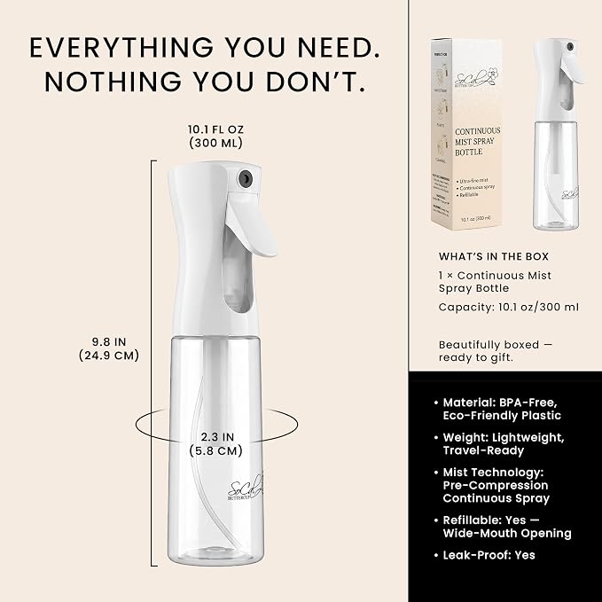 Continuous Spray Bottle for Hair – Slim Design - Fine Mist Water Sprayer for Hairstyling, Curly Hair – Refillable Mister Bottle with 360 Spray – Travel Size Hair Water Bottle