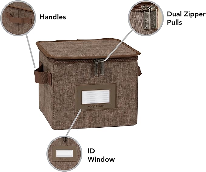 Covermates Keepsakes Zip-Top Storage Box Set, 3 Pack Heavy Duty Polyester Organizer Bins, Stackable Design, ID Window, Reinforced Handles, Closet Home Storage, Brown Heather