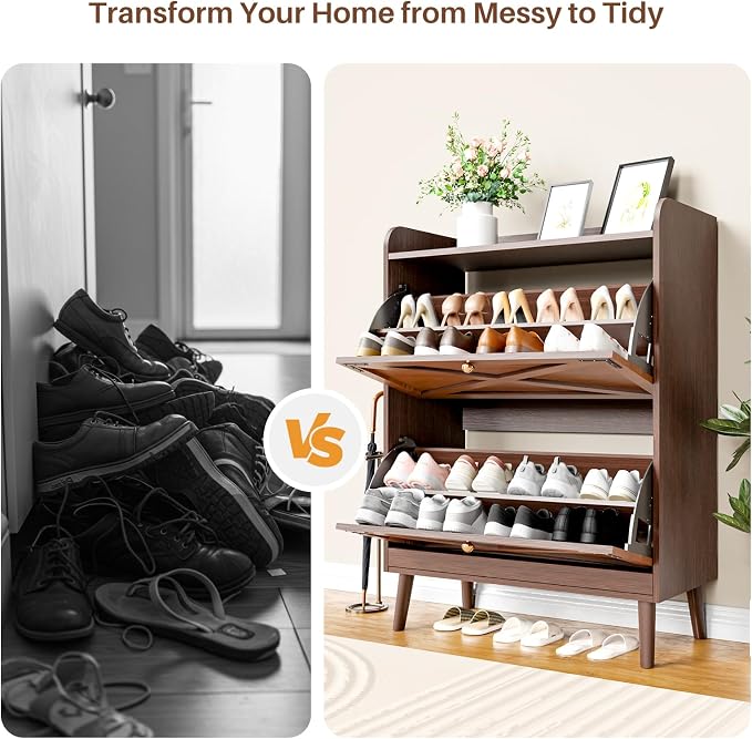 Shoe Storage Cabinet with 2 Flip Drawers, Entryway Shoe Cabinet with 2 Metal Hooks & Adjustable Shelves Freestanding Shoe Organizer Narrow Shoe Rack for Entrance Hallway Foyer Front Door,Rustic Brown