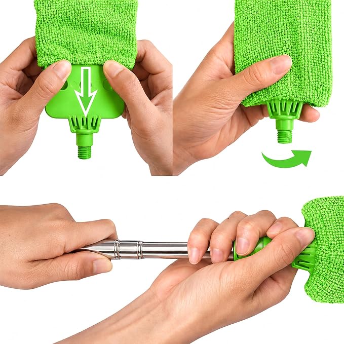 Retractable Gap Dust Cleaner with Extension Pole & 3 Microfiber Cloths | Cleaning Tools with 3 Microfiber Dusting Cloths | Long Handle Duster 30-100'' | Under Refrigerator Furniture Appliance Green