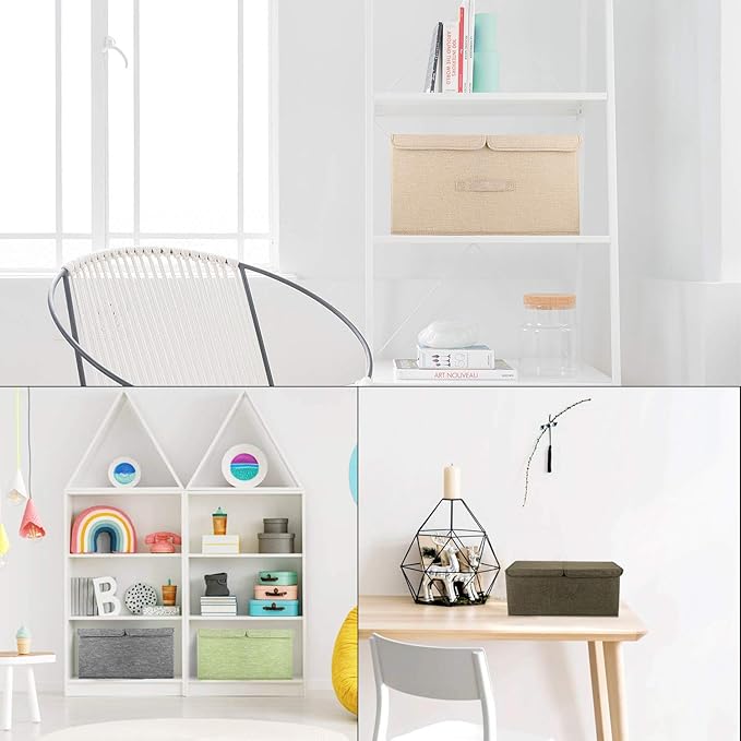 2 Pack Storage Boxes with Lids and Handles, Collapsible Linen Storage Bins Organizer Containers Baskets Cube with Removable Divider for Home Bedroom Closet Office (Orange, Large)