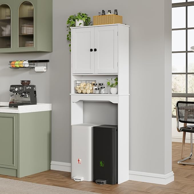 RRX Over The Toilet Storage Cabinet, Bathroom Above Organizer (Pure White) | Free Standing Toilet Rack with Adjustable Shelf and Open Storage, Double Doors, Space Saver, 24.8" L x 9.1 "W x 65.7 "H