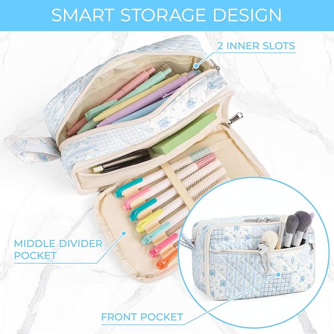 WOBAGMEN Quilted Pencil Pouch for Girls Women, Large Pencil Case Pouch with Compartments Cute Aesthetic Pencil Case Organizer, Floral Pencil Bag for School Supplies (Blue Patchwork)