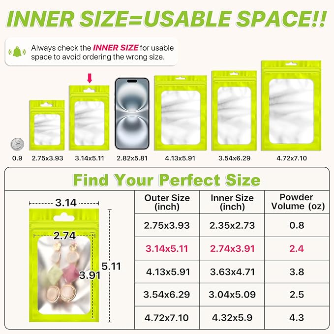 100 PCS Resealable Mylar Bags with Zipper and Frosted Clear Window Smell Proof Packaging Bags Foil Pouch Zipper Bag for Food Self Sealing Storage Supplies (Green, 3.14x5.11)