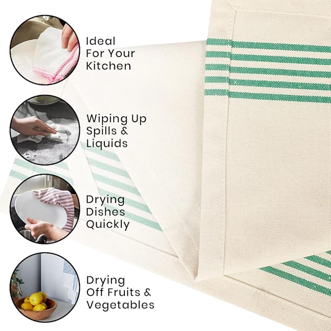 Stripe Kitchen Towels Decor 18x28 in Cotton Dish Towels Boho Embroidery Festive Gift Set of 6 Pantry Kitchen Vintage Farmhouse Reusable Kitchen Dish Towels|Green