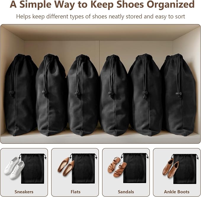 Upgraded Shoe Bags for Travel, 6 Pack Soft Flannel/Cloth/Fabric | Large 17.7 x 13.8 Inches | Fits One Pair of Shoes up to Men's US Size 13 | Washable & Reusable | Ideal for Suitcase Packing