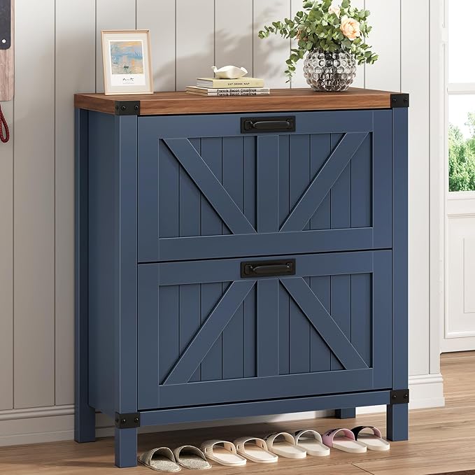YOMILUVE Shoe Cabinet with 2 Flip Drawers, Farmhouse Shoe Storage Cabinet for Entryway, Slim Shoe Rack Freestanding Shoe Organizer with Barn Door, Blue