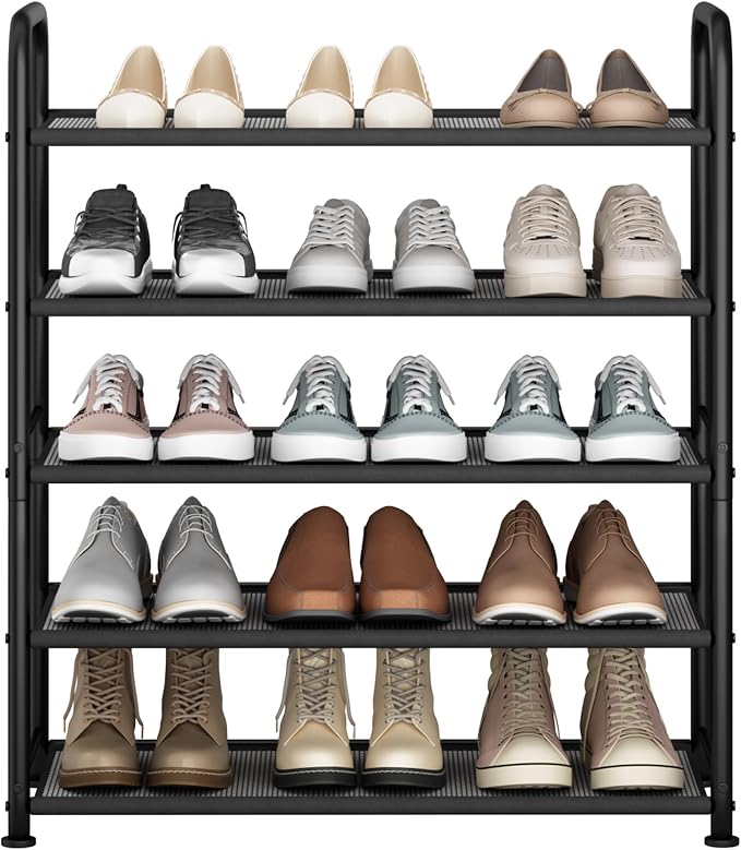 STO STO 5-Tier Shoe Rack with Sturdy Mesh Shelves, Heavy Duty Metal Shoe Organizer for Entryway, Closet, Garage, Front Door, Holds 15 Pairs, Free Standing Shoe Storage Shelf, Adjustable Feet, Black
