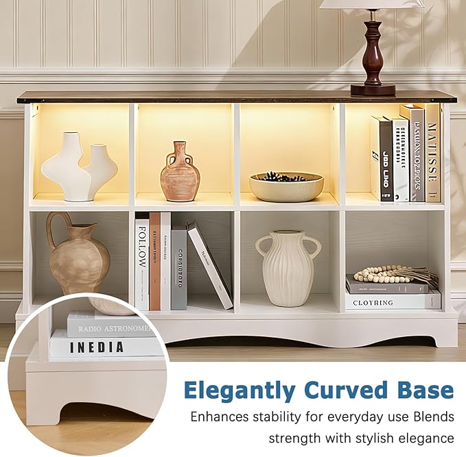 8 Cube Storage Organizer Bookcase, Long Horizontal Wood Bookshelf with Open Compartments, Multi-Purpose Cube Shelf, Hallway TV Stand for Living Room, Bedroom, Entryway, White