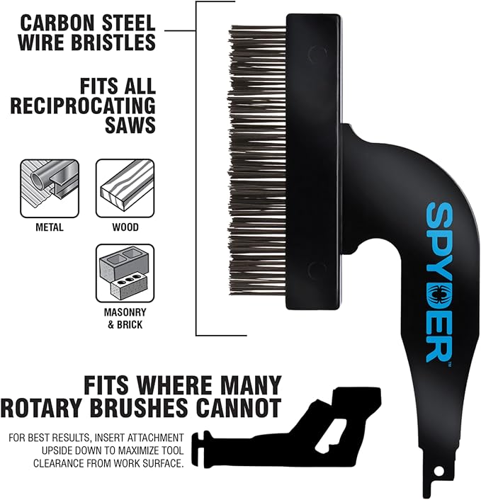 Spyder Steel Bristle Wire Brush Attachment for Reciprocating Saws, Removes Rust and Paint, Cleans Grout Lines