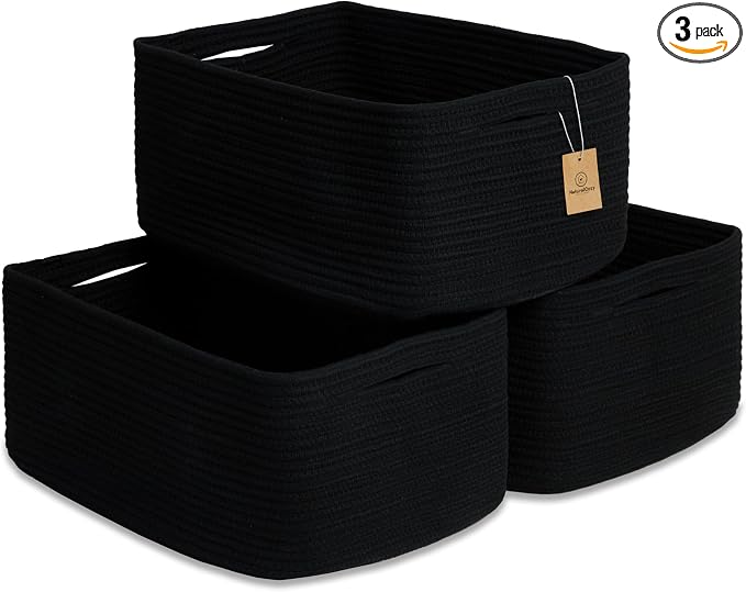 NaturalCozy Storage Baskets 16.8”x13”x7.6” Cotton Rope Woven Baskets for Organizing 3-Pack | Toy Storage Bins | Basket for Shelves, Laundry, Blanket, Clothes, Closet, Kitchen, Bathroom, Gifts