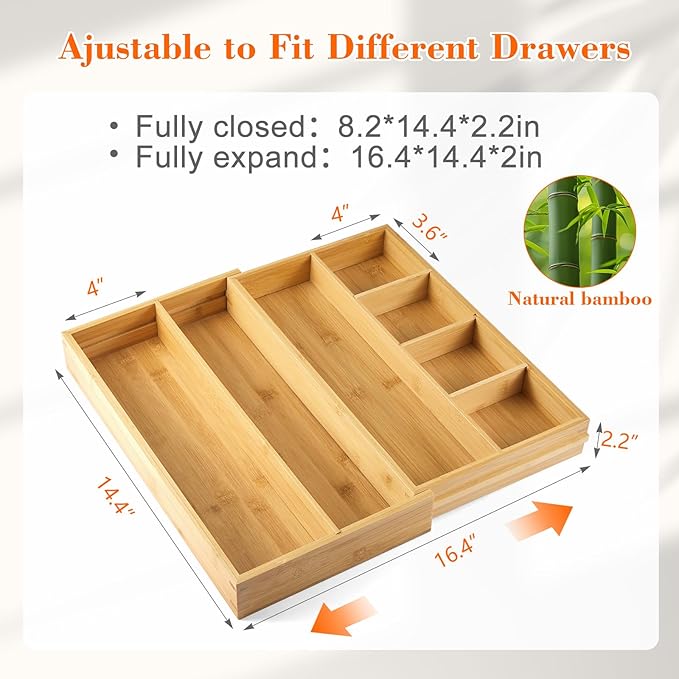 Bamboo Sliding Desk Drawer Organizer 12'' up to 15.7'' x 14'' x 2.2'' Expandable Office Desk Accessories Supplies Tray with 7 Compartments for Pens, Notebooks, Rulers, and Makeup Jewelry Vanity