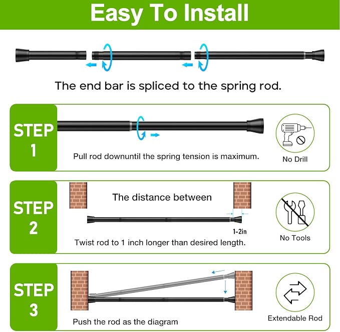 HAOYUNIE 1 Pack Tension Curtain Rods, 45-77Inches Adjustable Spring Tension Rods, No Drill No Slip, for Windows, Doorway, Bathroom & Closet (black)