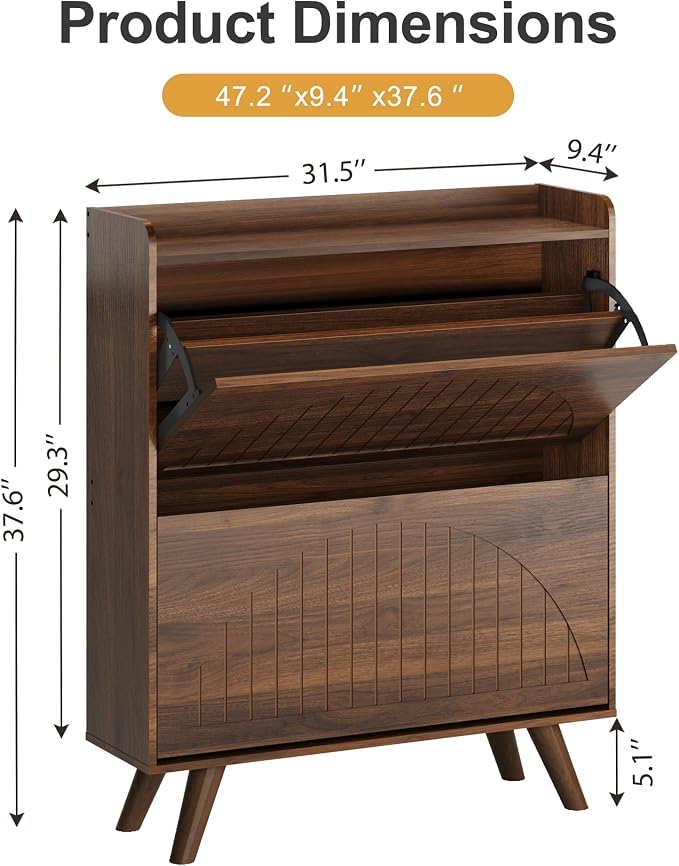 Decofy 37.6” Shoe Cabinet with 2 flip-Down Drawers, 3 Adjustable Levels, Suitable for Entryway, Hallway, Living Room (Walnut)