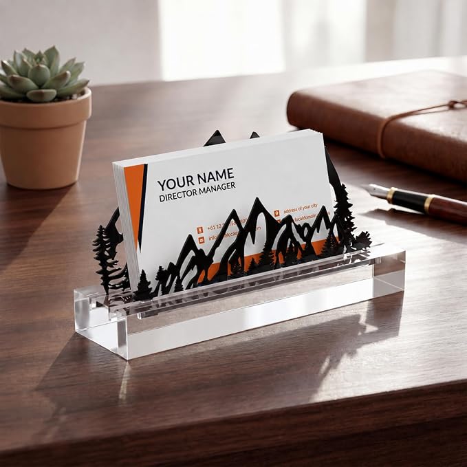 CroBlissful 2 Pcs Mountain Business Card Holders for Desk, Acrylic & Metal Black Mountain Range Forest Silhouette Business Card Display Stand for Home Office