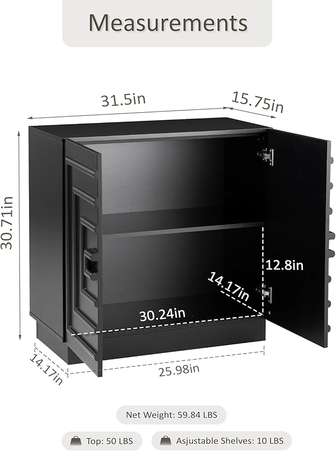 Aoikax Modern 2-Door Storage Cabinet, Sculptural Rustic Cabinet with Geometric Square Pattern, Contemporary Accent Cabinet for Bedroom, Living Room, Black
