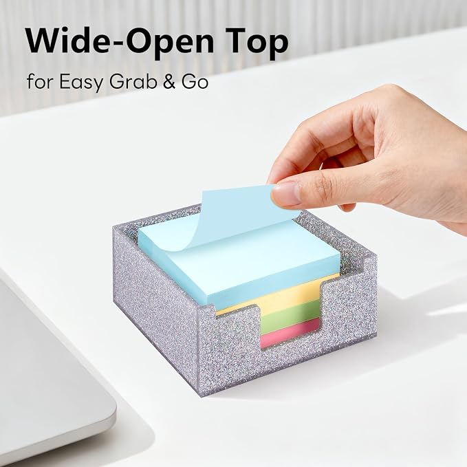 Acrylic Sticky Note Holder 4x4in Tray for Desk, Silver Glitter | Sparkling glitter acrylic tray, fits 3x3 sticky notes, compact organizer for office school and home